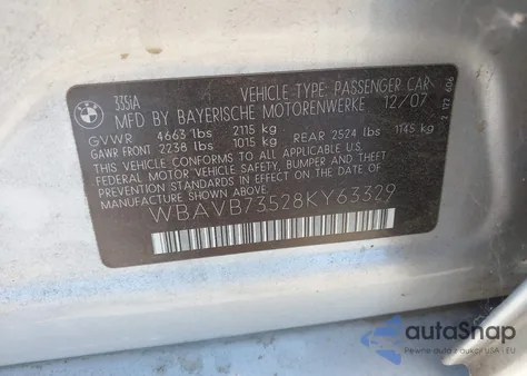 2008 BMW 335I из США, поврежденный, VIN WBAVB73528KY63329